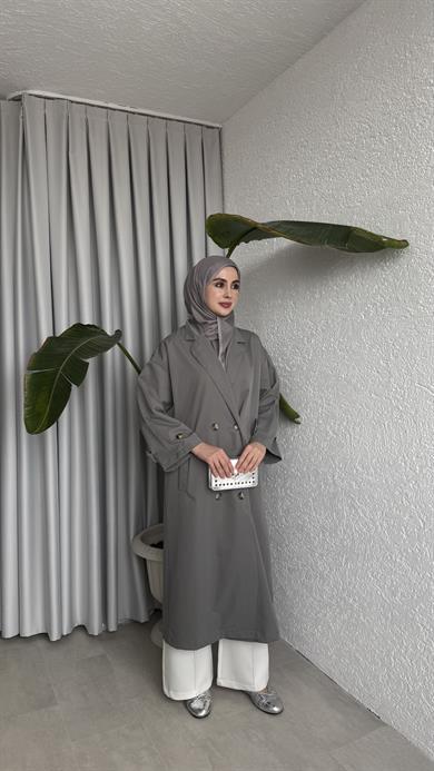 DÜĞMELİ UZUN TRENÇ - ANTRASİT