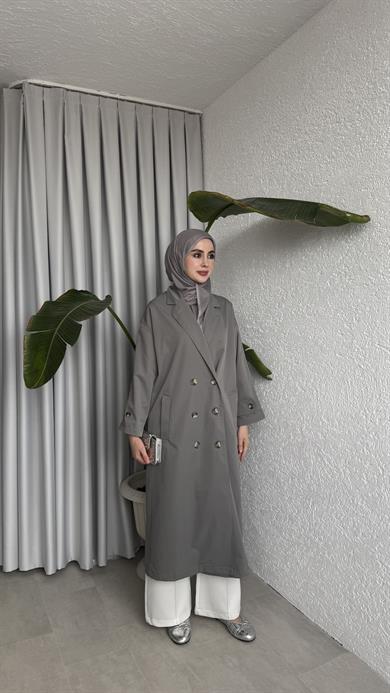 DÜĞMELİ UZUN TRENÇ - ANTRASİT