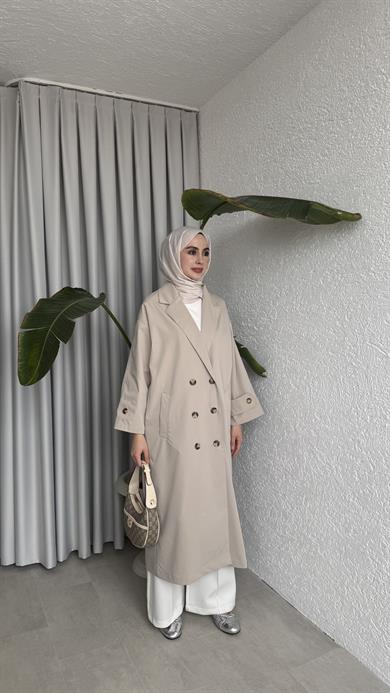 DÜĞMELİ UZUN TRENÇ - BEJ