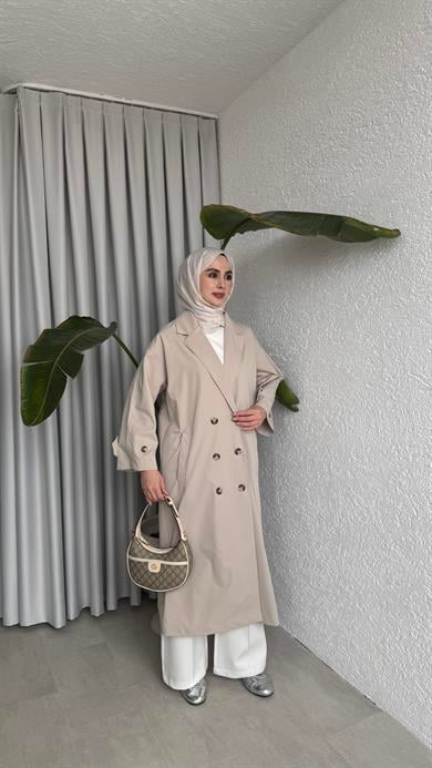 DÜĞMELİ UZUN TRENÇ - BEJ