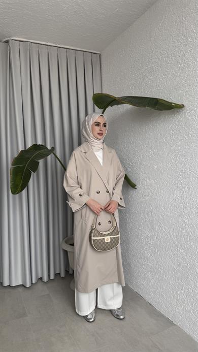 DÜĞMELİ UZUN TRENÇ - BEJ