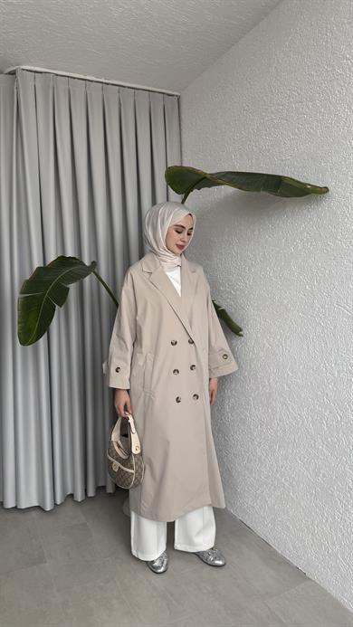 DÜĞMELİ UZUN TRENÇ - BEJ