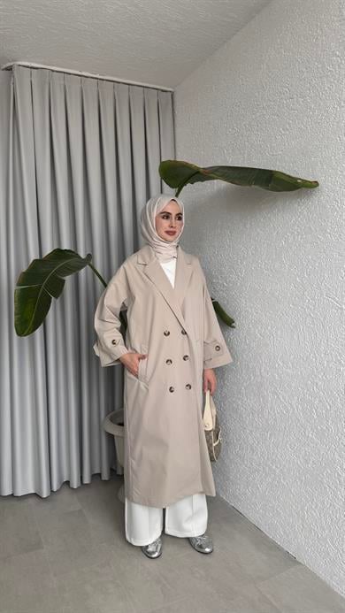 DÜĞMELİ UZUN TRENÇ - BEJ