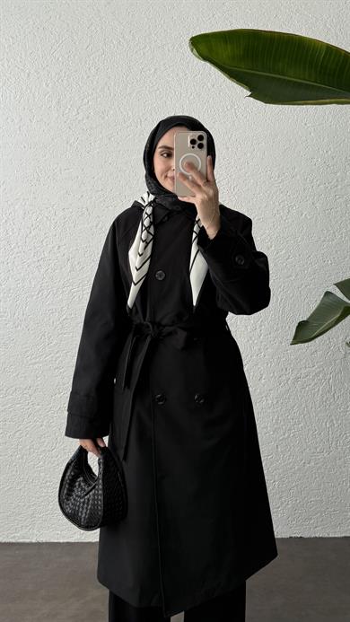FULARLI TRENÇKOT - SİYAH
