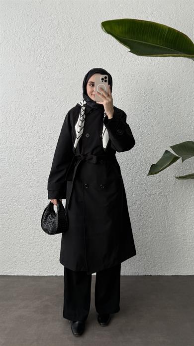 FULARLI TRENÇKOT - SİYAH