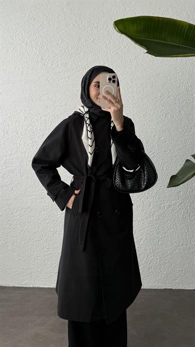 FULARLI TRENÇKOT - SİYAH