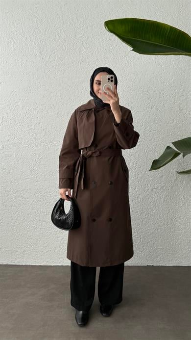 KUŞAKLI TRENÇKOT - KAHVERENGİ