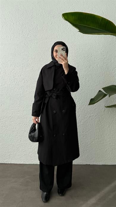 KUŞAKLI TRENÇKOT - SİYAH