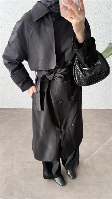 KUŞAKLI TRENÇKOT - SİYAH