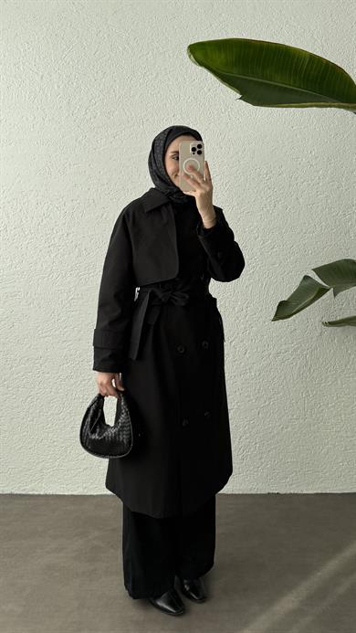 KUŞAKLI TRENÇKOT - SİYAH