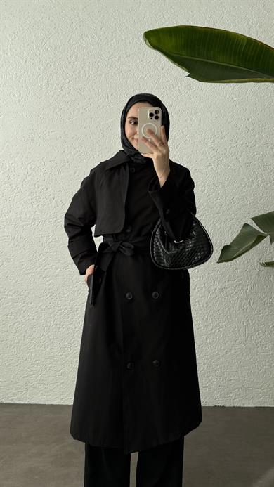 KUŞAKLI TRENÇKOT - SİYAH