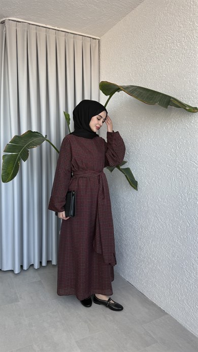 KEMERLİ ŞİFON ELBİSE - BORDO