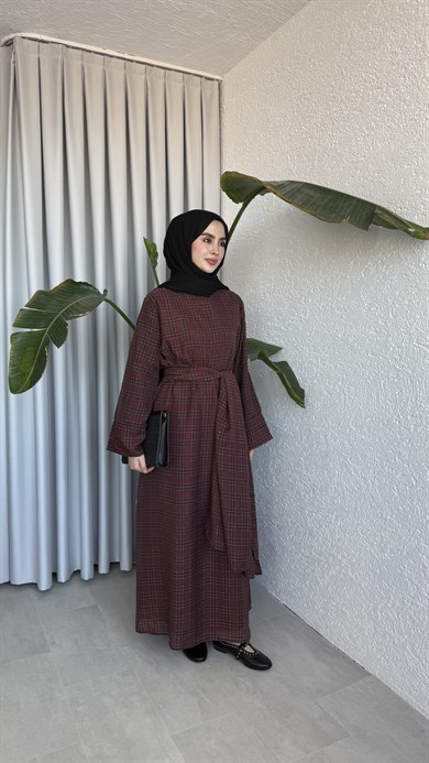KEMERLİ ŞİFON ELBİSE - BORDO