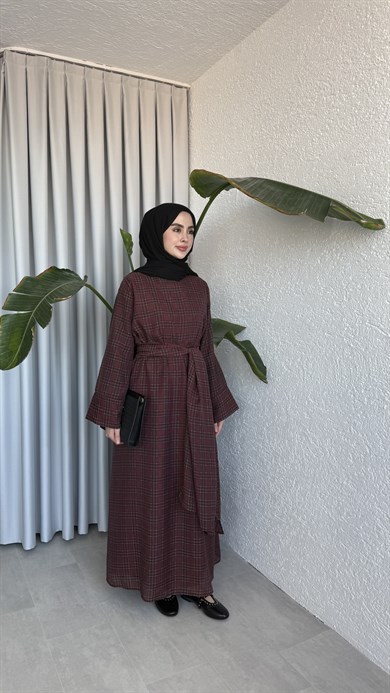 KEMERLİ ŞİFON ELBİSE - BORDO