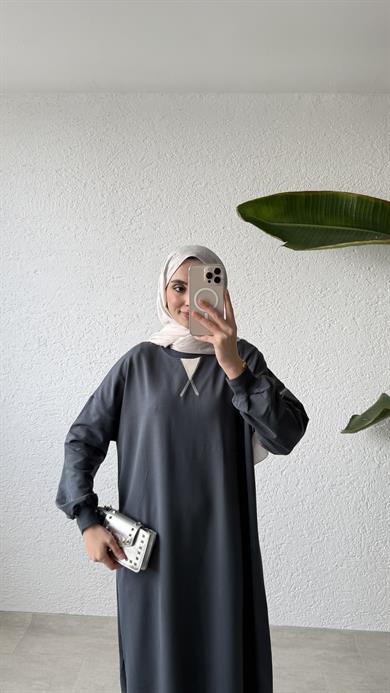 ETEĞİ FERMUAR DETAYLI ELBİSE -  FÜME