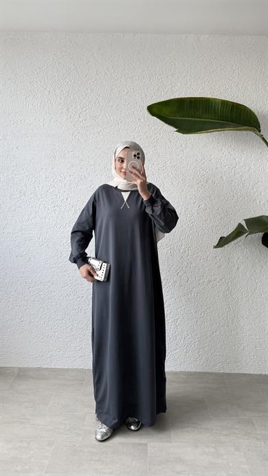 ETEĞİ FERMUAR DETAYLI ELBİSE -  FÜME