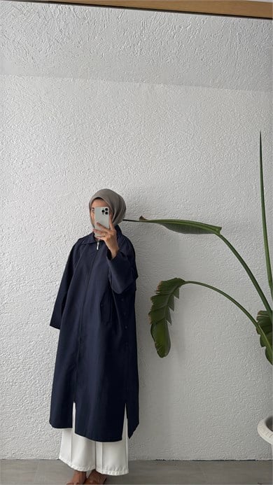FERMUARLI UZUN CEKET - LACİVERT