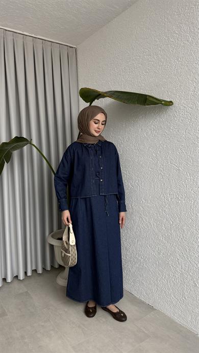 GÖMLEKLİ KOLSUZ ELBİSELİ DENİM TAKIM LACİVERT