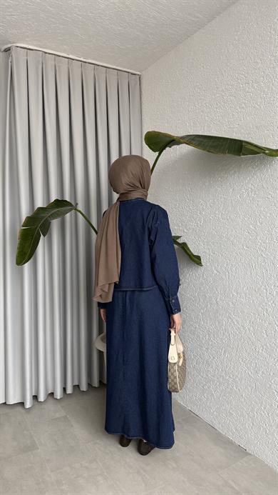 GÖMLEKLİ KOLSUZ ELBİSELİ DENİM TAKIM LACİVERT
