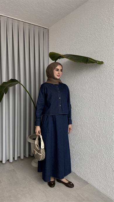 GÖMLEKLİ KOLSUZ ELBİSELİ DENİM TAKIM LACİVERT