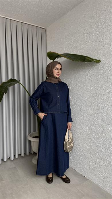 GÖMLEKLİ KOLSUZ ELBİSELİ DENİM TAKIM LACİVERT