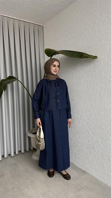 GÖMLEKLİ KOLSUZ ELBİSELİ DENİM TAKIM LACİVERT