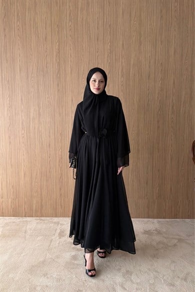 İÇİ %100 PAMUK ÜÇLÜ ABAYA TAKIM - SİYAH