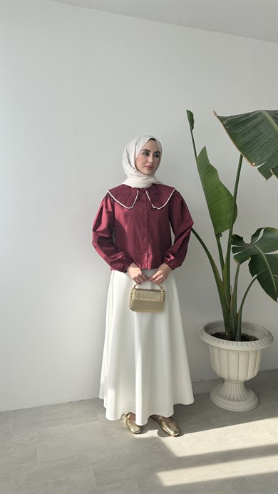 İNCİ YAKALI GÖMLEK - BORDO