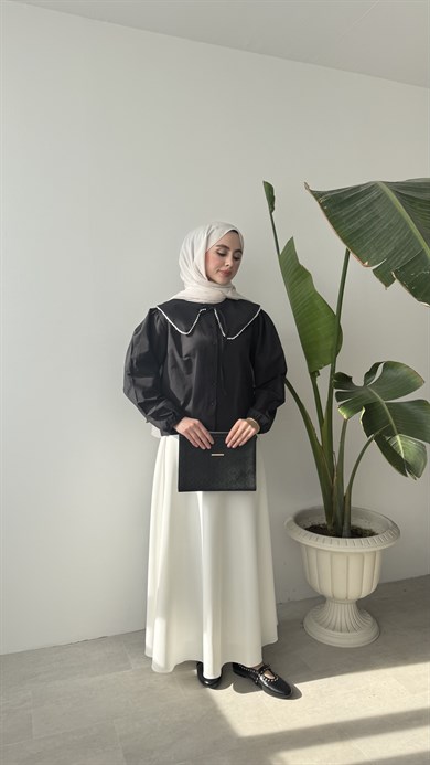 İNCİ YAKALI GÖMLEK - SİYAH