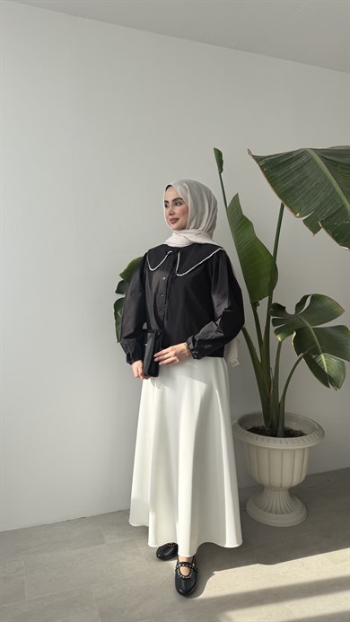 İNCİ YAKALI GÖMLEK - SİYAH