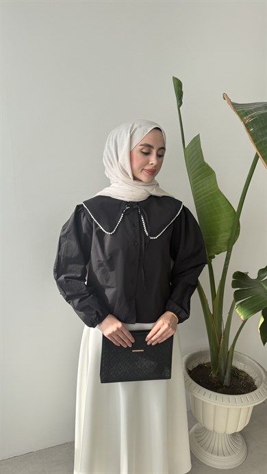 İNCİ YAKALI GÖMLEK - SİYAH