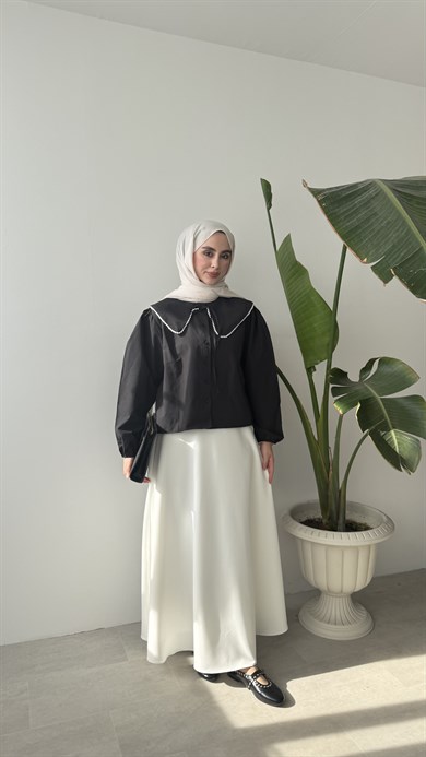 İNCİ YAKALI GÖMLEK - SİYAH