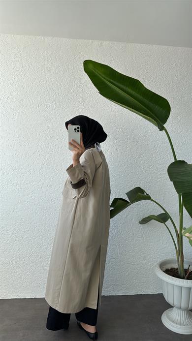 KADİFE YAKALI TRENÇKOT - BEJ