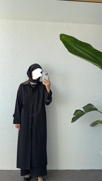 KADİFE YAKALI TRENÇKOT - SİYAH