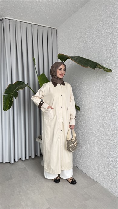 KADİFE YAKALI TRENÇKOT - TAŞ