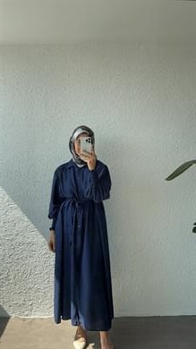KOL GİPELİ SANTRA ELBİSE AÇIK LACİVERT