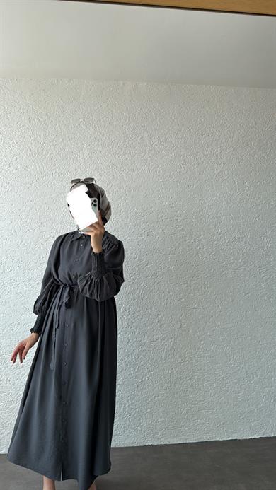 KOL GİPELİ SANTRA ELBİSE ANTRASİT