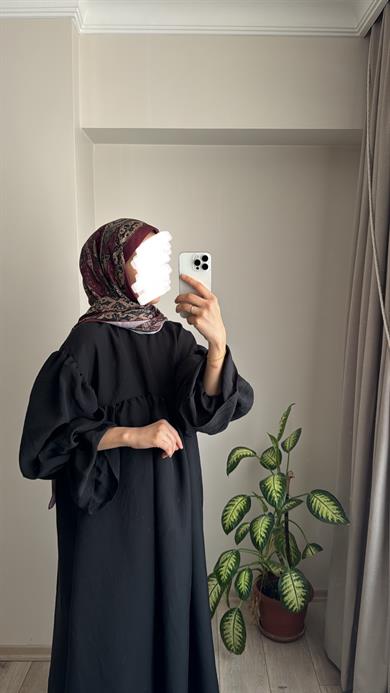 KOLLARI BÜZGÜLÜ MODAL ELBİSE - SİYAH