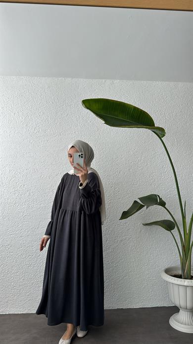 KOLU DANTELLİ ELBİSE - ANTRASİT