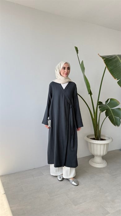 KRUVAZE YAKA MÜSLİN KİMONO - ANTRASİT