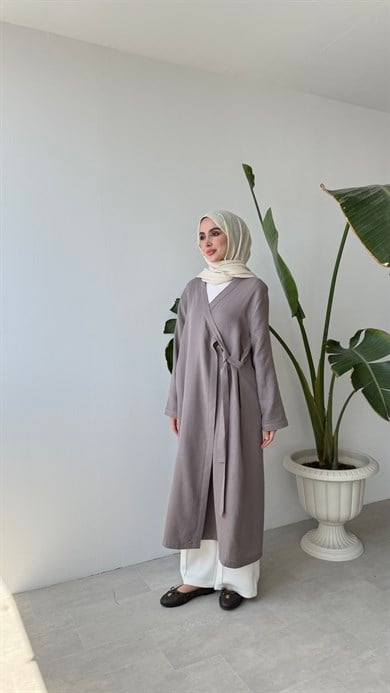 KRUVAZE YAKA MÜSLİN KİMONO - GRİ