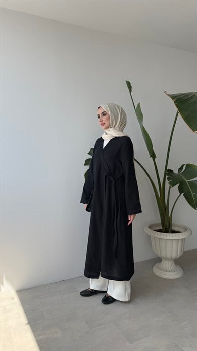 KRUVAZE YAKA MÜSLİN KİMONO - SİYAH