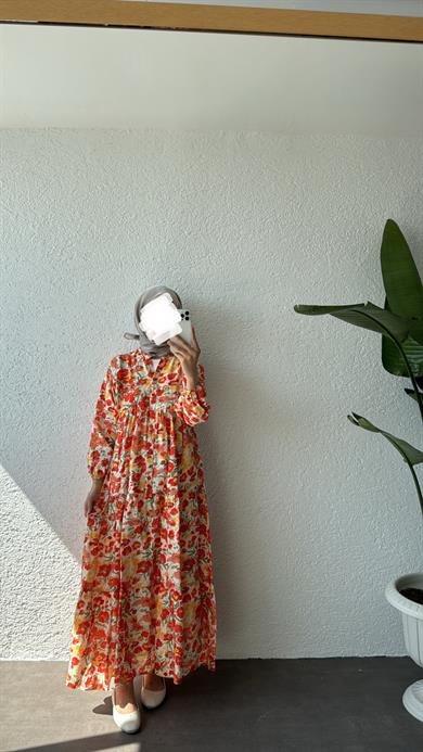 MANGO ELBİSE ÇİÇEK DESEN - TURUNCU