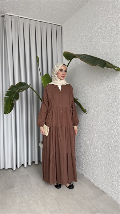 MÜSLİN KAT KAT ELBİSE - KAHVERENGİ