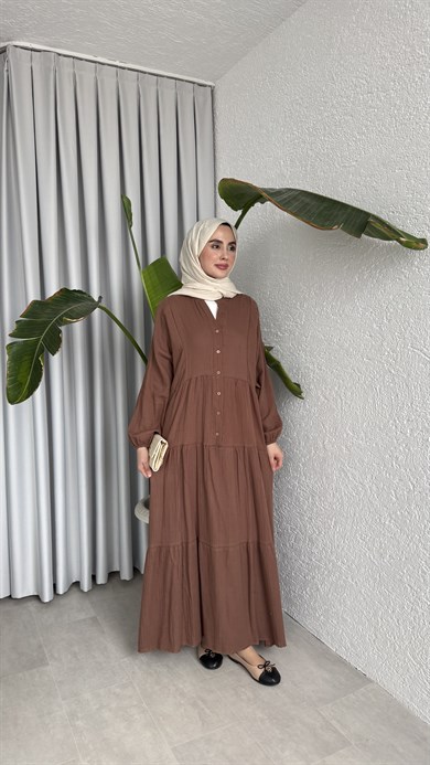 MÜSLİN KAT KAT ELBİSE - KAHVERENGİ
