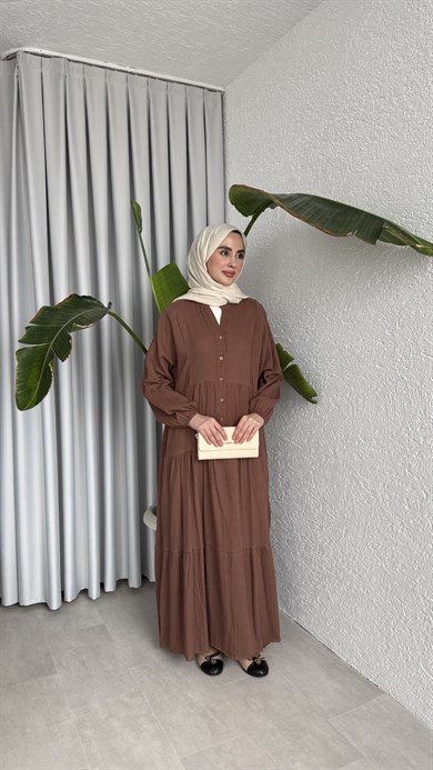 MÜSLİN KAT KAT ELBİSE - KAHVERENGİ