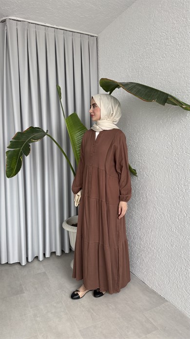 MÜSLİN KAT KAT ELBİSE - KAHVERENGİ