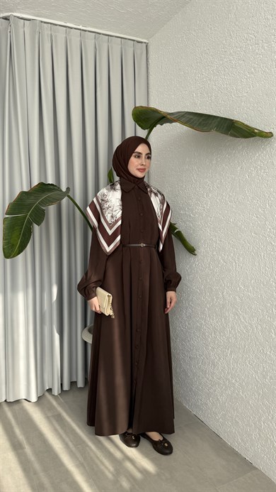MOLLEN OMUZ ŞALLI ELBİSE - KAHVE 