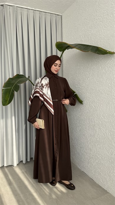MOLLEN OMUZ ŞALLI ELBİSE - KAHVE 