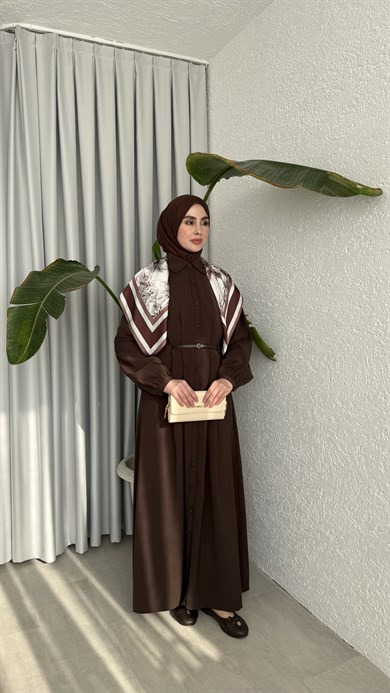 MOLLEN OMUZ ŞALLI ELBİSE - KAHVE 